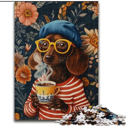 Puzzle für Teenager, 1000 Teile, Dackel trinkt Kaffee, anspruchsvolles Spiel und Familienspiel mit vollständig ineinandergreifenden, zufällig geformten Teilen (Größe 50x75cm) von MrChunlong