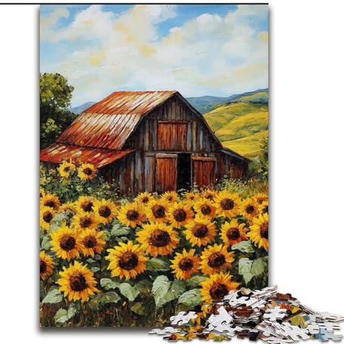 Puzzle für Teenager, 1000 Teile, Sonnenblumen auf dem Bauernhof, anspruchsvolles Spiel und Familienspiel mit vollständig ineinandergreifenden, zufällig geformten Teilen (Größe 50x75cm) von MrChunlong