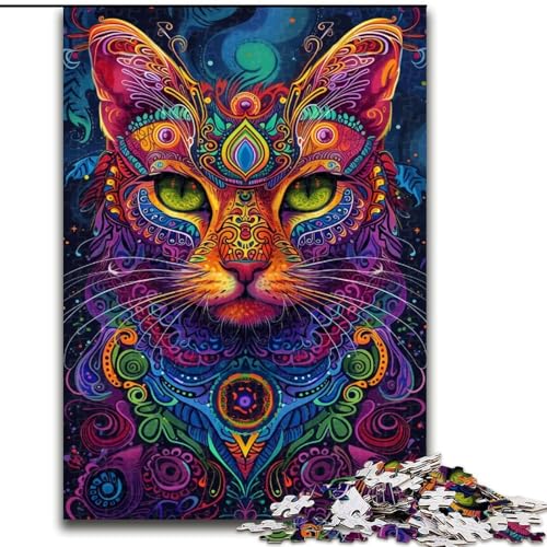 Puzzle für Teenager, 1000 Teile, psychedelische Katze, dekomprimierendes intellektuelles Lernspielzeug, ganze Familie (Größe 50x75cm) von MrChunlong