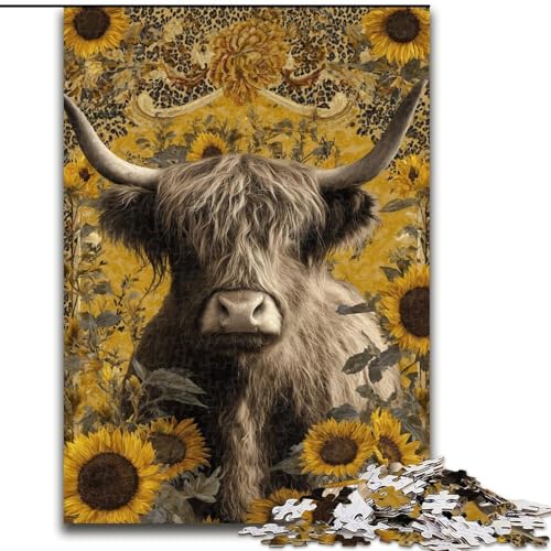 Puzzle für Teenager mit 1000 Teilen: Hochlandrinder und Sonnenblumen, anspruchsvolles Spiel und Familienspaß mit vollständig ineinandergreifenden, zufällig geformten Teilen (Größe 26x38cm) von MrChunlong