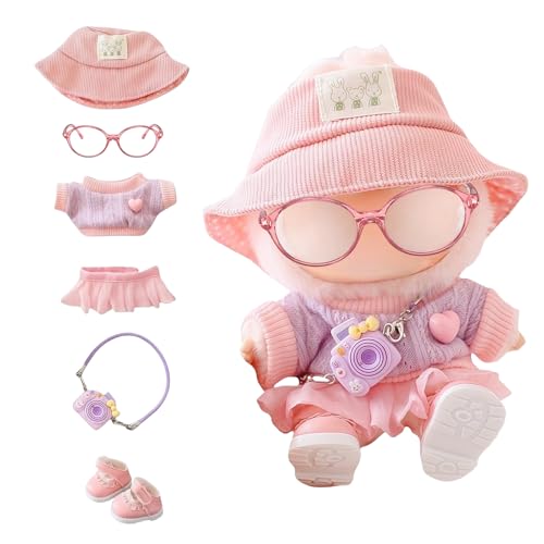 Mrltau Niedliche Freizeit-Look Kleidung für Labubu Keychain Puppen, mit Cord-Anglerhut Strickweste Minirock Kamera Deko Schuhe, Outfit Zubehör für Labubus 1./2./3 .Generation Blind Box(rosa) von Mrltau