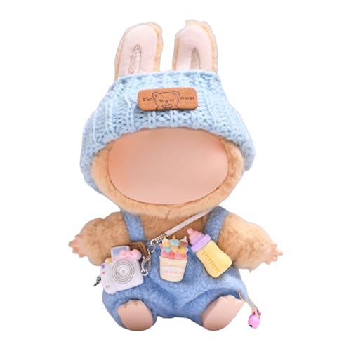 Mrltau Süße Freizeit-Look Stil Kleidung für Labubu Keychain Puppen, mit Strickmütze & Plüsch-Latzhose & Kamera Deko, Outfit Zubehör für Labubus 1./2./3 .Generation Blind Box(blau) von Mrltau