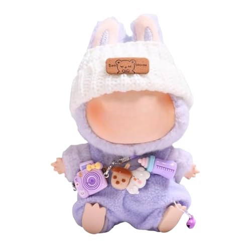 Mrltau Süße Freizeit-Look Stil Kleidung für Labubu Keychain Puppen, mit Strickmütze & Plüsch-Latzhose & Kamera Deko, Outfit Zubehör für Labubus 1./2./3 .Generation Blind Box(lila) von Mrltau