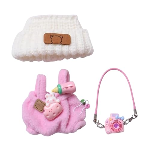 Mrltau Süße Freizeit-Look Stil Kleidung für Labubu Keychain Puppen, mit Strickmütze & Plüsch-Latzhose & Kamera Deko, Outfit Zubehör für Labubus 1./2./3 .Generation Blind Box(rosa) von Mrltau