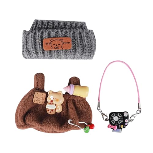 Mrltau Süße Freizeit-Look Stil Kleidung für Vinyl Plush Toy Keychain Puppen, mit Strickmütze & Plüsch-Latzhose & Kamera Deko, Outfit Zubehör für Vinyl Plush Toys Blind Box(schwarz) von Mrltau
