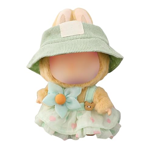 Mrltau Süße Sommer Kleidung für Labubu Keychain Puppen, mit Cord-Anglerhut & Trägerkleid & Blumenspange, Outfit Zubehör für Labubus 1./2./3 .Generation Blind Box(grün) von Mrltau