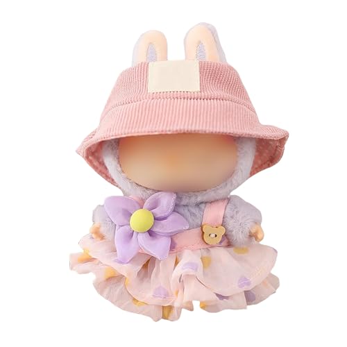 Mrltau Süße Sommer Kleidung für Labubu Keychain Puppen, mit Cord-Anglerhut & Trägerkleid & Blumenspange, Outfit Zubehör für Labubus 1./2./3 .Generation Blind Box(lila) von Mrltau