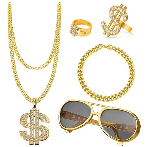 5St Hip Hop Kostüm Set, 80s 90s Hip Hop Rapper Accessories, Dollar Kette, 1 Stück Halskette, 2 Stück Ringe, 1 Stück Armbänder, 1 Paar von Sonnenbrille für Männer Zuhälter Kostüm Set Fasching Karneva von Mrracxy