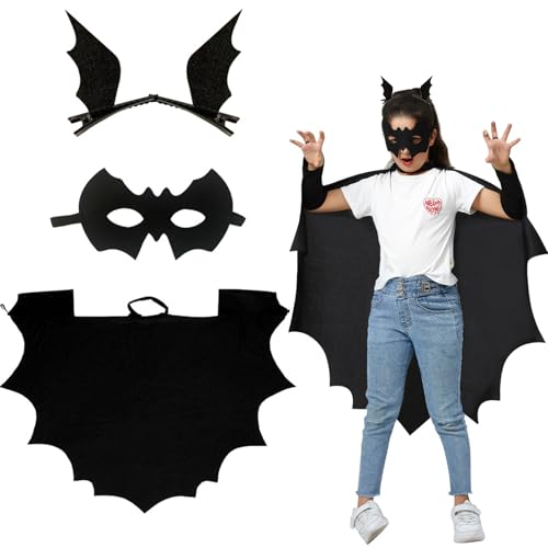 Mrracxy Halloween Fledermaus Umhang Kinder, Fledermaus Flügel Umhang mit Maske, Schwarz Fledermausflügel Bat Cap zum Verkleiden, Fledermaus Cosplay Kostüm für Halloween Karneval Fasching Maskerade Mrracxy Halloween Fledermaus Umhang Kinder, Fledermaus Flügel Umhang mit Maske, Schwarz Fledermausflügel Bat Cap zum Verkleiden, Fledermaus Cosplay Kostüm für Halloween Karneval Fasching Maskerade von Mrracxy