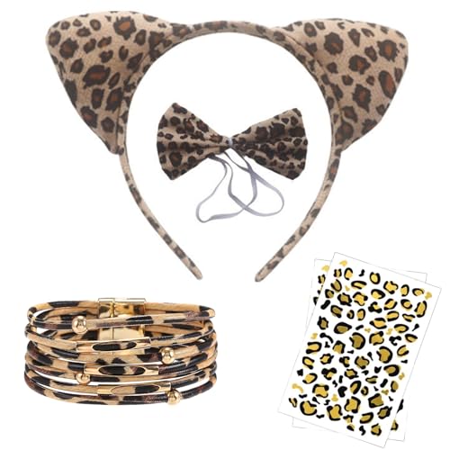Mrracxy 4 Stück Leoparden Kostüm Set, Tier Kostüm Tier Verkleiden Set Leoparden Ohren Haarreif, Fliege, Armband mit Leopardenmuster Tattoo, Safari Outfit Kinder, Karneval, Fasching, Halloween Mrracxy 4 Stück Leoparden Kostüm Set, Tier Kostüm Tier Verkleiden Set Leoparden Ohren Haarreif, Fliege, Armband mit Leopardenmuster Tattoo, Safari Outfit Kinder, Karneval, Fasching, Halloween von Mrracxy