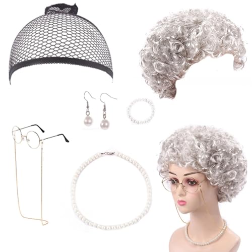 Mrracxy 7 Stück Old Lady Kostüm Set, Oma Cosplay Zubehör, Fasching Großmutter Cosplay mit Perückenkappe, Brillenkette, Perlen, Halskette, Ohrring, Armband für Halloween, Karneval Maskerade Party Mrracxy 7 Stück Old Lady Kostüm Set, Oma Cosplay Zubehör, Fasching Großmutter Cosplay mit Perückenkappe, Brillenkette, Perlen, Halskette, Ohrring, Armband für Halloween, Karneval Maskerade Party von Mrracxy