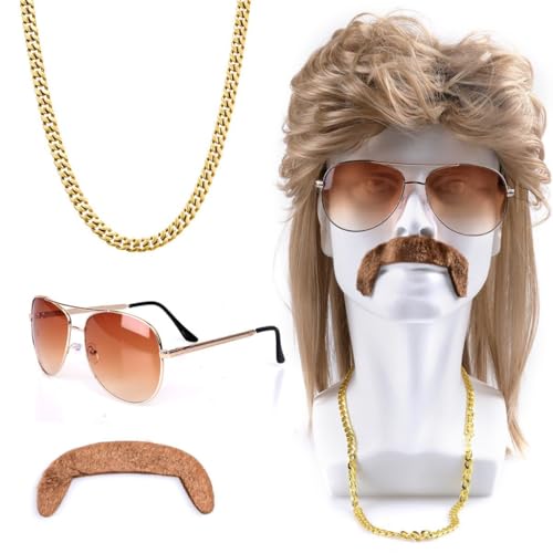 Vokuhila Perücke Herren,4 Stück Vokuhila Perücke Set,80er Perücke Herren,Synthetische Perücke,Perücken Wig Sonnenbrille Halskette,Outfit Accessoires Herren,Männer Perücke Cosplay Kostüm Party von Mrracxy