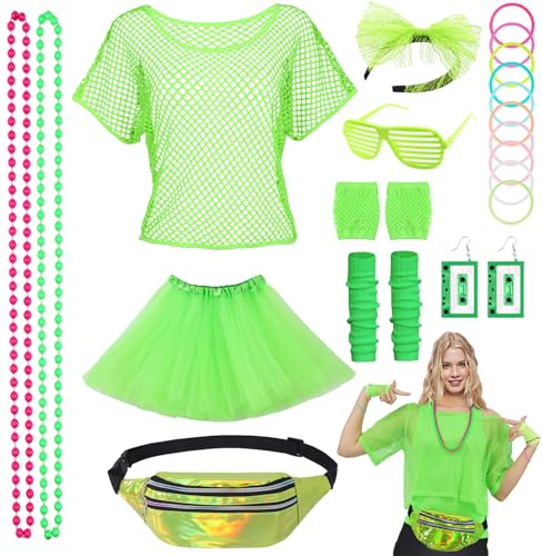 80er 90er Jahre Outfit Damen Zubehör Set Netzshirt mit Tutu Stirnband Ohrring Halskette 80 er Neon Kostüm Party Outfit Netzoberteil Damen 80er Kleidung für Karneval Fasching Fraun Mädchen (Grün) C036 von Mrsclaus