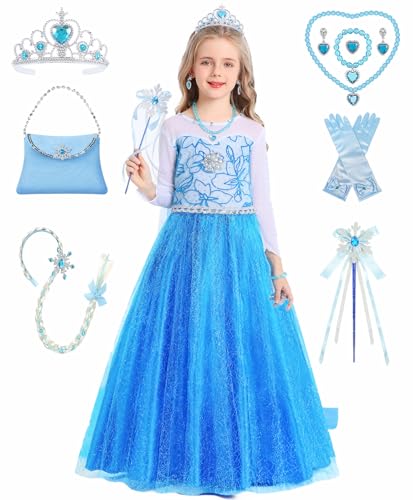 Elsa Kostüm Mädchen Prinzessin Kleid Set Eiskönigin Faschings Kostüme Kinder Fastnacht Geburtstag Verkleidung Eisprinzessin Cosplay Party Blau Outfits mit Zubehör Zauberstab Krone Perücke C069M von Mrsclaus