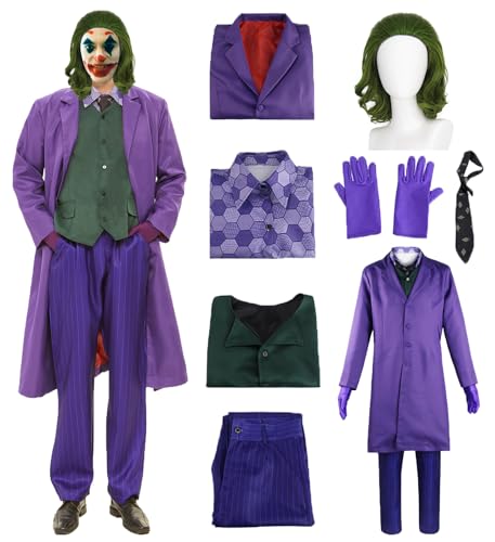 Joker Kostüm Herren Clown Cosplay Outfit Joker Mantel mit Weste Hemd Hose Krawatte Handschuh Perücke 8 Pcs Deluxe Set Zubehör Karneval Männer Bösewicht Kostüme für Erwachsene Halloween Anzug C045XL von Mrsclaus