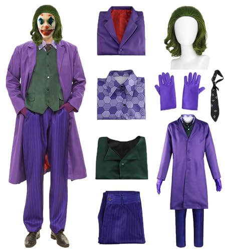 Joker Kostüm Herren Clown Cosplay Outfit Joker Mantel mit Weste Hemd Hose Krawatte Handschuh Perücke 8 Pcs Deluxe Set Zubehör Karneval Männer Bösewicht Kostüme für Erwachsene Halloween Anzug C045-3XL von Mrsclaus