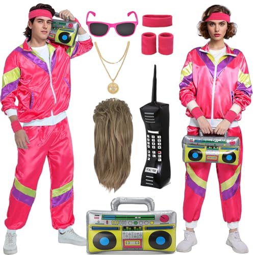 Mrsclaus 80er 90er Jahre Outfit für Herren Damen Jogginganzug Trainingsanzug Kostüm Erwachsene Disco Karneval Partnerkostüme Set mit Pop Rock Perücke Radio Telefon C057L von Mrsclaus