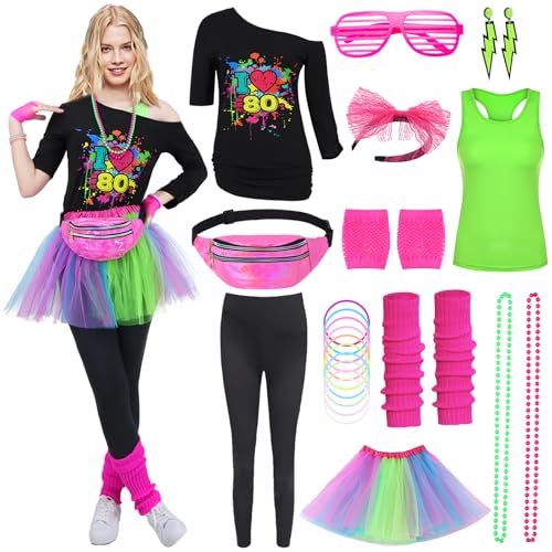 Mrsclaus 80er Jahre Outfit Damen, 90er Faschingkostüm Damen, Aerobic Outfit für Karneval Fastnacht Mottoparty, Tshirt Leggings, Grün Tank Top, Tüllrock Bauchtasche Beinlinge Netzhandschuhe 067XL Mrsclaus 80er Jahre Outfit Damen, 90er Faschingkostüm Damen, Aerobic Outfit für Karneval Fastnacht Mottoparty, Tshirt Leggings, Grün Tank Top, Tüllrock Bauchtasche Beinlinge Netzhandschuhe 067XL von Mrsclaus