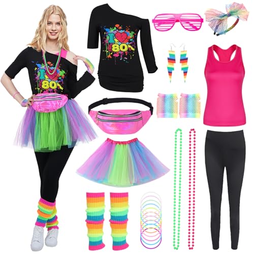 Mrsclaus 80er Jahre Outfit Damen, 90er Faschingkostüm Damen, Aerobic Outfit für Karneval Fastnacht Mottoparty, Tshirt Leggings, Rosa Tank Top, Tüllrock Bauchtasche Beinlinge Netzhandschuhe 068-3XL Mrsclaus 80er Jahre Outfit Damen, 90er Faschingkostüm Damen, Aerobic Outfit für Karneval Fastnacht Mottoparty, Tshirt Leggings, Rosa Tank Top, Tüllrock Bauchtasche Beinlinge Netzhandschuhe 068-3XL von Mrsclaus