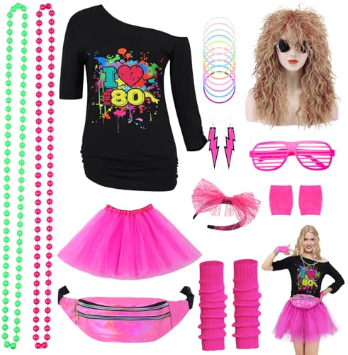 Mrsclaus 80er Jahre Outfit Damen: Rosa XXL Kostüm Set mit T-Shirt, Tutu, Perücke, Zubehör & Accessoires für 80er Party Mrsclaus 80er Jahre Outfit Damen: Rosa XXL Kostüm Set mit T-Shirt, Tutu, Perücke, Zubehör & Accessoires für 80er Party von Mrsclaus