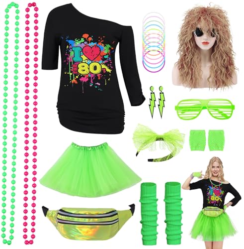 Mrsclaus Damen 80er Jahre Outfit Kostüm Zubehör Set 80er T-Shirt Perücke Tutu Bauchtasche Ohrring Halskette Retro Neon 80 Jahre Outfit Party Kostüm Accessoires für Karneval Mottoparty von Mrsclaus