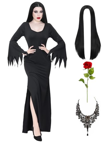 Mrsclaus Addams Kostüm Damen Halloween Kostüm für Erwachsene Hexe Gothic Vintage Kleid Perücke Schwarz for Addams Family Fledermaus und Perücke Kappen Halskette Rote Rosen CA050M Mrsclaus Addams Kostüm Damen Halloween Kostüm für Erwachsene Hexe Gothic Vintage Kleid Perücke Schwarz for Addams Family Fledermaus und Perücke Kappen Halskette Rote Rosen CA050M von Mrsclaus