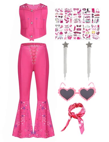 Mrsclaus Cowgirl Kostüm für Mädchen Kinder Cowboy Kostüm Flare Hose mit Schal Brille Ohrringe für Retro 70er 80er Jahre Disco Halloween Fasching Mottoparty Pink PP C038-150 von Mrsclaus