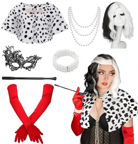 Mrsclaus Cruella Kostüm für Damen Cruella Deville Perücke Schal Handschuhe Cruella Holder Perlenkette für Luxus Halloween Mottoparty Karneval Kostüm set für Frauen Mädchen C028 von Mrsclaus