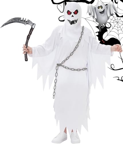 Mrsclaus Geist Kinderkostüm Gespenst Kostüm Geisterkostüm Weiß Ghost Robe mit Sichel Plastikkette Jungen Mädchen Halloween Fasching Boo Gruselig Party für Kinder C016S von Mrsclaus