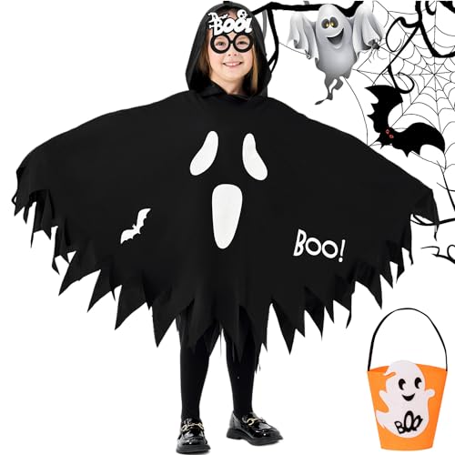 Mrsclaus Gespenst Kostüm Kinder Geister Kostüm Geist Umhang mit Kürbis Tasche Geistergesicht Halloween Fasching Fledermaus Boo Gruselig Party für Kinder Jungen und Mädchen Schwarz C015XS von Mrsclaus