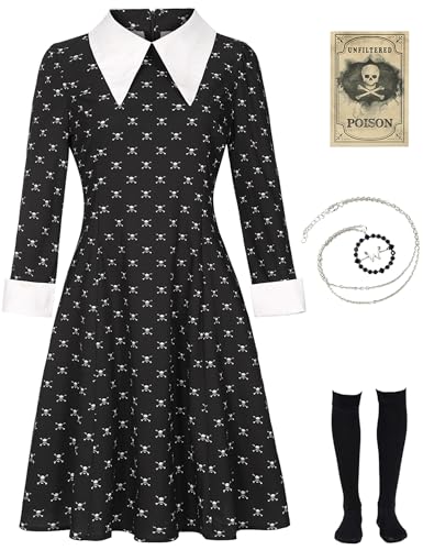 Mrsclaus Halloween Kostüm Damen für addams Family Kleid Schwarz mit Kniestrümpfe Abendkleider Mädchen Fasching Karneval Mottoparty Kostüm C004M von Mrsclaus