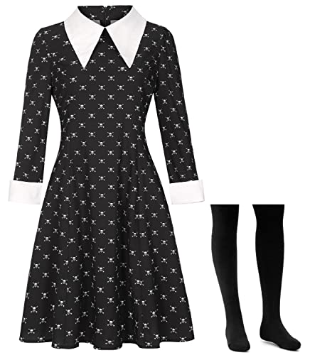 Mrsclaus Halloween Kostüm Damen für addams Family Kleid Schwarz mit Kniestrümpfe Abendkleider Mädchen Fasching Karneval Mottoparty Kostüm C004XL von Mrsclaus