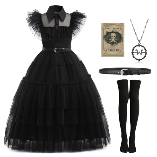 Mrsclaus Halloween Kostüm für Kinder Mädchen Kleid Schwarz Mittwoch Cosplay mit Strümpfe Halskette Skelettkopf Aufkleber Fasching Mottoparty Filmkostüm C039-150 von Mrsclaus