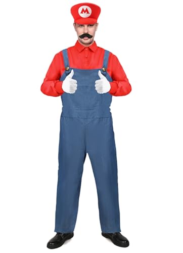 Mrsclaus Herren Super Klempner Kostüm Erwachsene Karneval Halloween Cosplay Kostüm Outfit Overall Hemd Faschingskostüm Männer mit Bart Mütze Handschuhe C044L von Mrsclaus