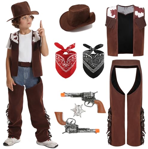 Mrsclaus Kinder Cowboy Kostüm Set Deluxe Western Polizei Cosplay Karneval Kostüm mit Zubehör Cowboy Weste Hut Halstuch Bandana Geburtstagsparty Mottoparty Dress Up Outfit C046E von Mrsclaus