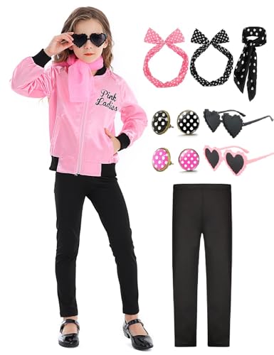 Mrsclaus Pink Ladies Kinder Mädchen 50er Jahre Outfit Schicke Jacke Kostüm Set mit Schwarze Leggings Brille Ohrringe Rock’n Roll Grease Musical Halloween Fasching Kostüm Party C024M von Mrsclaus