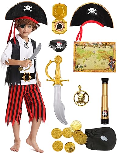 Mrsclaus Piratenkostüm Kinder Piraten Outfit Zubehör Set Jungen Piraten Hut Augenklappe Piraten Kapitän für Karneval Piratenkostüm Party 3 4 5 6 7 8 9 10 Jahre C027L von Mrsclaus