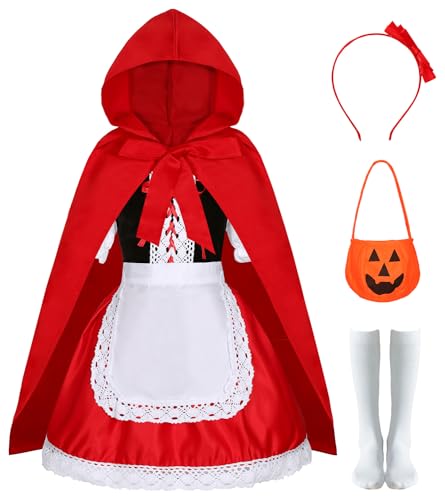 Mrsclaus Rot Kostüm Mädchen Rotkäppchen Kostüm Kinder Rot Umhang Kleid Rote Fliege Headband Kürbisbeutel Halloween Mottoparty Kostüm Party C017-100 von Mrsclaus