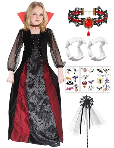 Mrsclaus Vampir Kostüm Mädchen Halloween Königin Kostüm Vampir Kleid Verkleidung mit Halsband und Kinder-Vampirgebiss Vampir Halskette Karneval Mottoparty Dracula Cosplay Party C025L, 9-10 Jahre von Mrsclaus