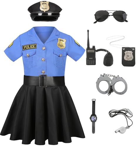 Polizei Kostüm Mädchen Luxus Polizei Offizier Kleid Set für Kinder Karneval Mottoparty Halloween Polizeikostüm Ausrüstung Polizeikelle Polizei Spielzeug Blau und Schwarz C029L von Mrsclaus