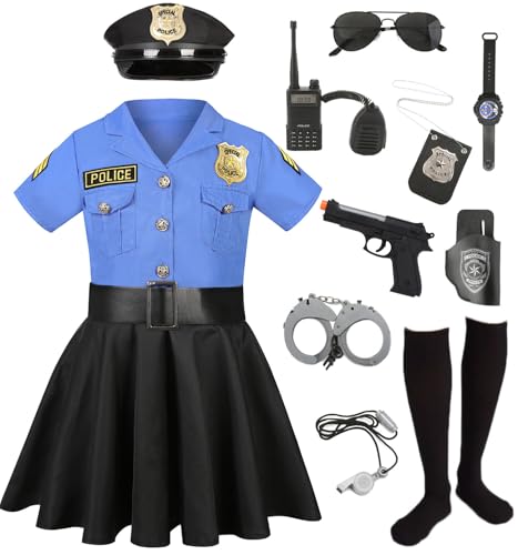 Polizei Kostüm Mädchen Luxus Polizei Offizier Kleid Set für Kinder Karneval Mottoparty Halloween Polizeikostüm Ausrüstung Polizeikelle Polizei Spielzeug Blau und Schwarz C029L von Mrsclaus