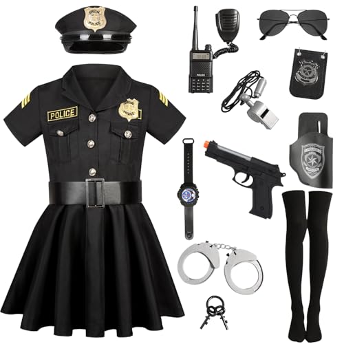 Polizei Kostüm Mädchen Luxus Polizei Offizier Kleid Set für Kinder Karneval Mottoparty Halloween Polizeikostüm Ausrüstung Polizeikelle Polizei Spielzeug Schwarz C030-S von Mrsclaus