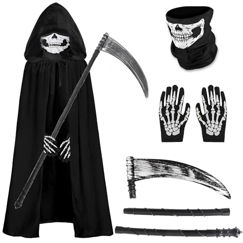 Sensenmann Kostüm Kinder Sensemann Umhang mit Kapuze Unisex Halloween Umhang Cloak Schwarz With Hood Mittelalter Samt Hexe Grim Reaper Kostüm mit Sense Skelett Maske SchädeHandschuhe C010-M Sensenmann Kostüm Kinder Sensemann Umhang mit Kapuze Unisex Halloween Umhang Cloak Schwarz With Hood Mittelalter Samt Hexe Grim Reaper Kostüm mit Sense Skelett Maske SchädeHandschuhe C010-M von Mrsclaus
