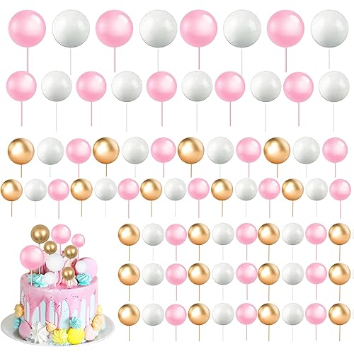 MsTeco 108 Stück Tortendeko Kugeln Happy Birthday Tortendeko Tortendeko Kugeln Schaumkugeln Cupcake Topper DIY Kuchen Insert Topper Geburtstag Kuchen Dekoration(Gold, Weiß, Rosa) von MsTeco