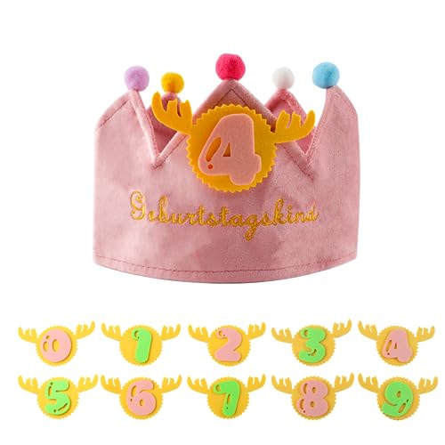 MsTeco Geburtstagskrone, Geburtstagskrone Kinder, mit Verstellbarem Klettverschluss, Geburtstagskrone Filz mit Austauschbaren Zahlen von 0-9,Unisex Krone für Kinder Geburtstag Party Supplies(Rosa) von MsTeco