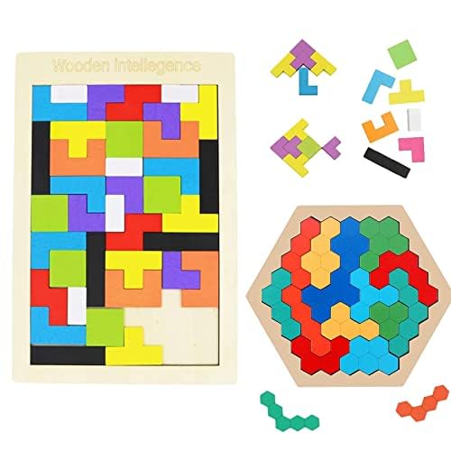MsTeco Montessori Spielzeug ab 3 4 5 6 Jahren, 2 Stück Block Puzzle Tetris und Hexagon Holzpuzzle Tangram Kinder Pädagogisches Spielzeug Montessori Bildungsgeschenk für Jungen und Mädchen von MsTeco