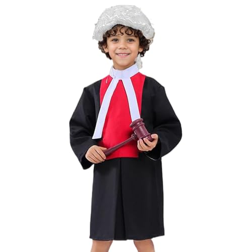 Mskmnkot 1 Set Halloween Kostüme Kids Lawyer Judge Kostüm, umfasst Richter Robe mit Kragen, Hammer und Perücke, Cosplay -Kostüme für Kinder Halloween Dress Up von Mskmnkot