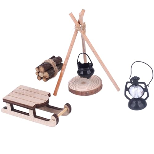 Dollhouse Miniaturen, Holzminiatur -Puppenhauszubehör umfasst Mini -Kessel, Schlitten, Campinglichter und Holzstapel, DIY -Dekor für Weihnachtsdekoration von Mskmnkot