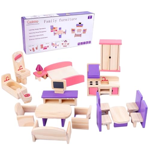 Holzpuppenhausmöbel Set 15 Stück/Set niedliche Mini -Dollhouse -Möbel Simulation Holzzubehör tun Spiel Spielzeuggeschenke für Jungen Mädchen und Kleinkinder von Mskmnkot