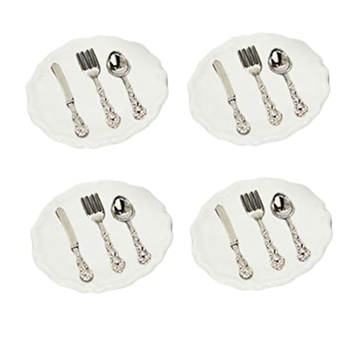 Mskmnkot Mini -Platten Gabeln Miniatur -Tabellengeschirr Mini -Platten Gabeln Löffel Besteck von Dollhouse Kitchen Zubehör 4Sets, Miniatur -Tabelle Geschirr von Mskmnkot